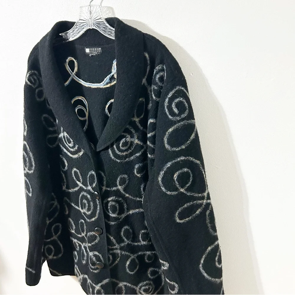 Vintage Carole Little Boiled Wool Cardigan Jacket Black- Yellow Blue White Swirl - Picture 3 of 16